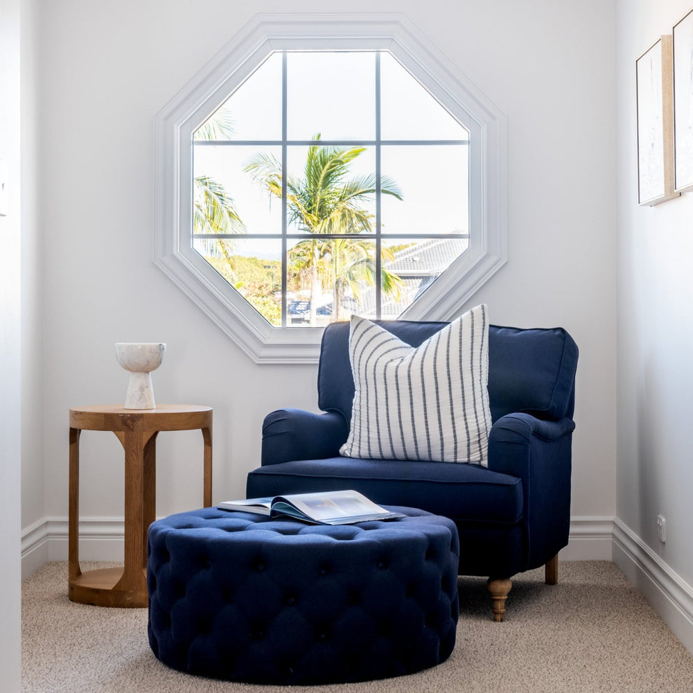 hamptons round linen tufted ottoman navy