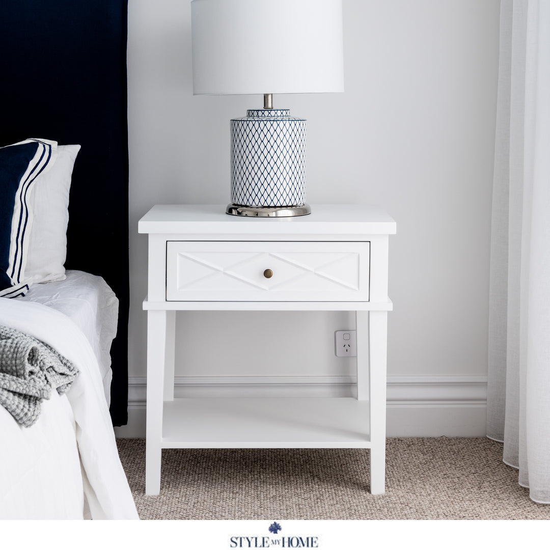 Ex floor Ascot Medium Bedside Table Whitewash- One Drawer (2 available)