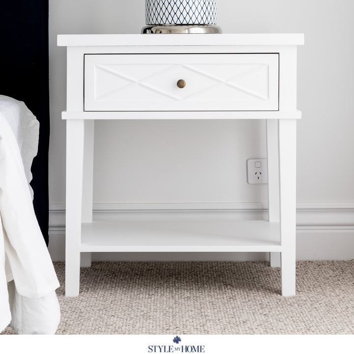 Ex floor Ascot Medium Bedside Table Whitewash- One Drawer (2 available)