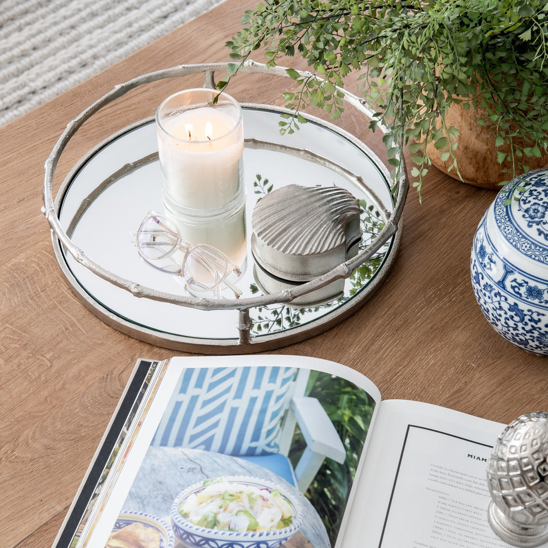 Bamboo Round Silver Mirror Tray