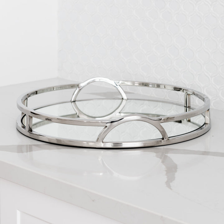 Arch Round Silver Mirrored Tray With Handles