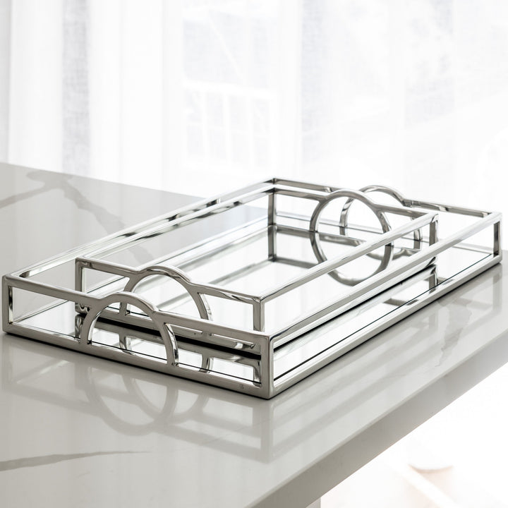 Arch Rectangular Silver Mirrored Tray With Handles