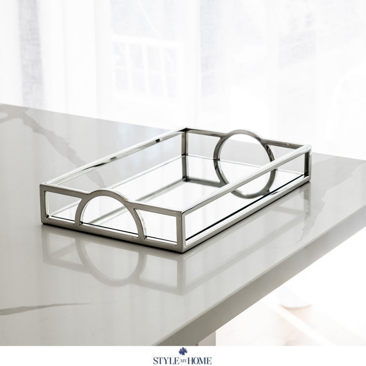 Arch Rectangular Silver Mirrored Tray With Handles