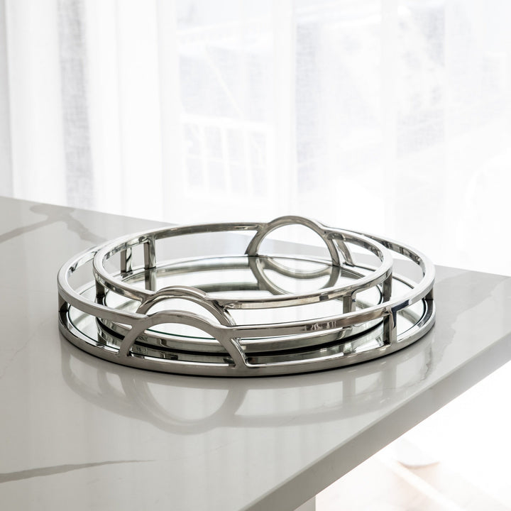 Arch Round Silver Mirrored Tray With Handles