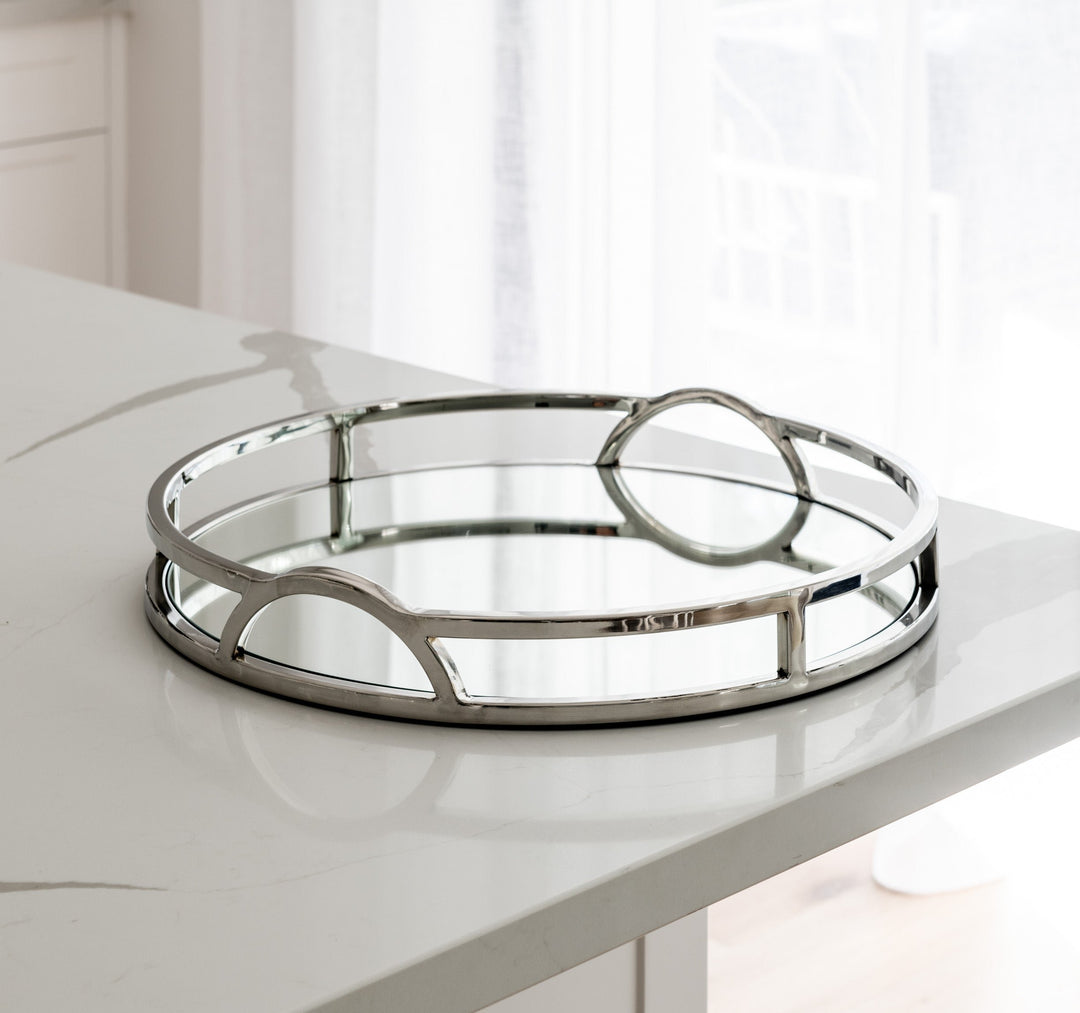 Arch Round Silver Mirrored Tray With Handles