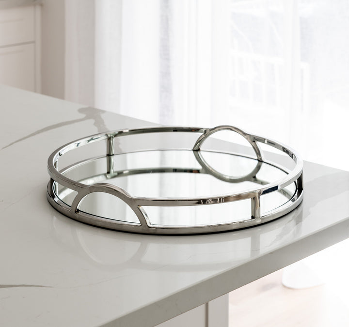 Arch Round Silver Mirrored Tray With Handles