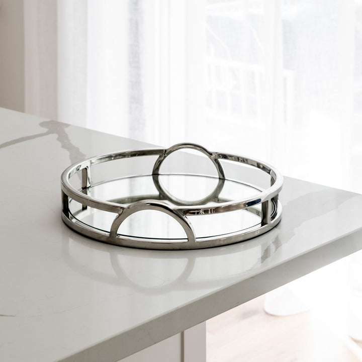 Arch Round Silver Mirrored Tray With Handles