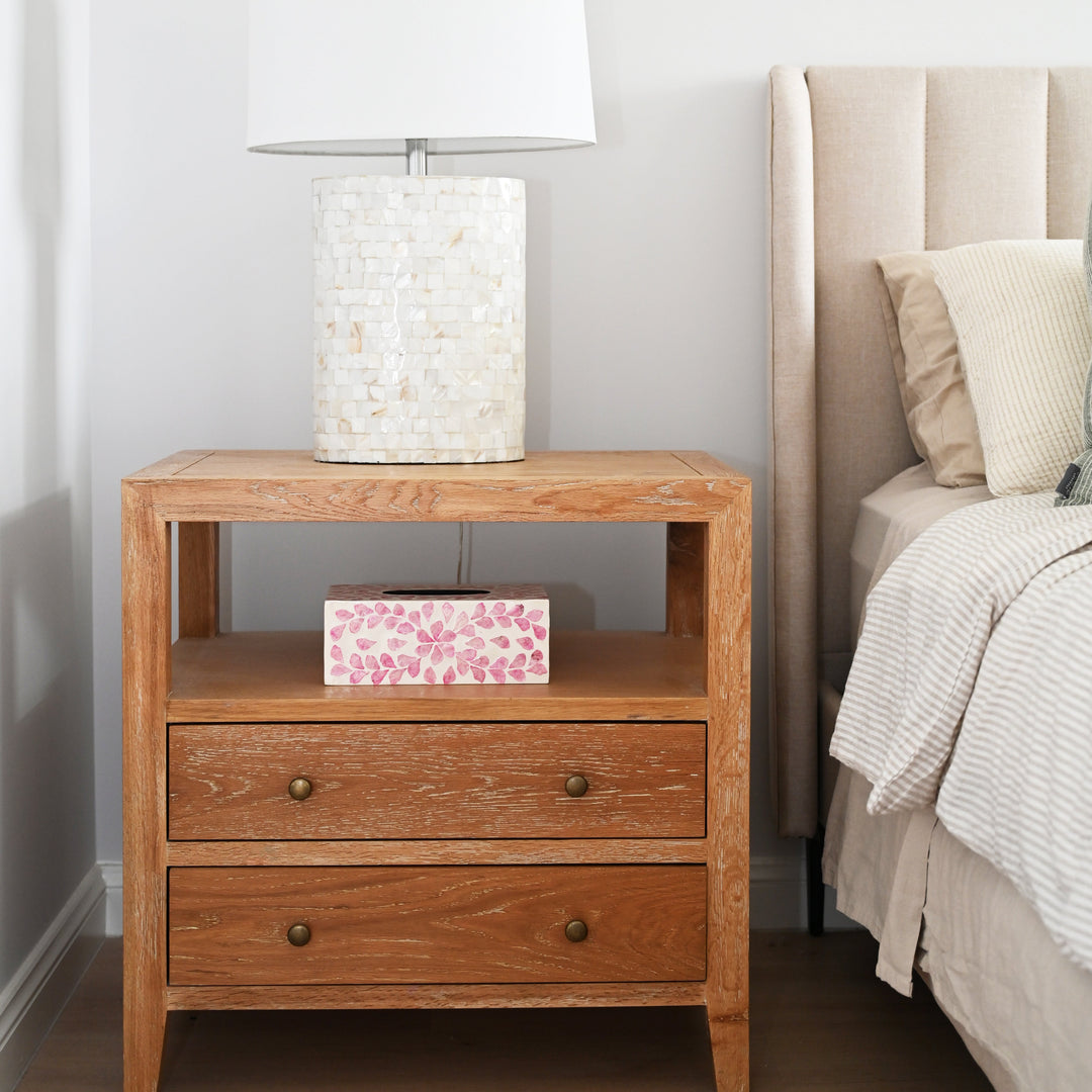 Hamptons modern oak bedside table with two drawers and open shelf