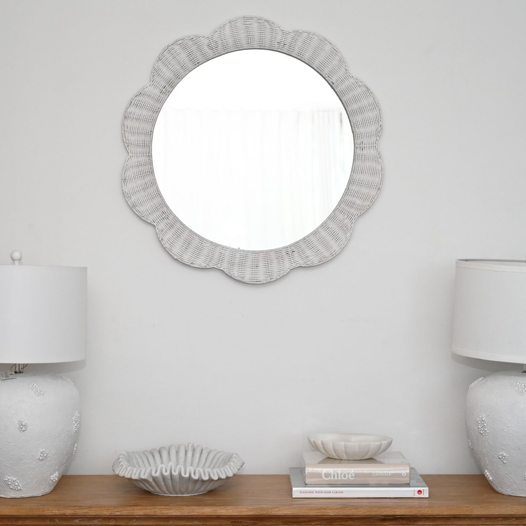 Scallop White Rattan Mirror