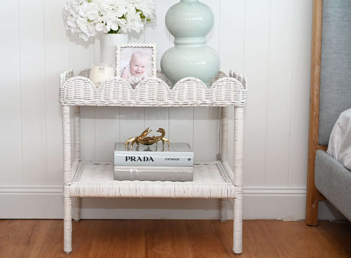 'Scallop' White Rattan Bar Cart