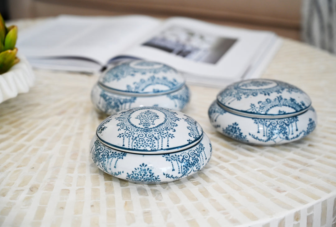 Delicate Scroll Round Ceramic Trinket Box