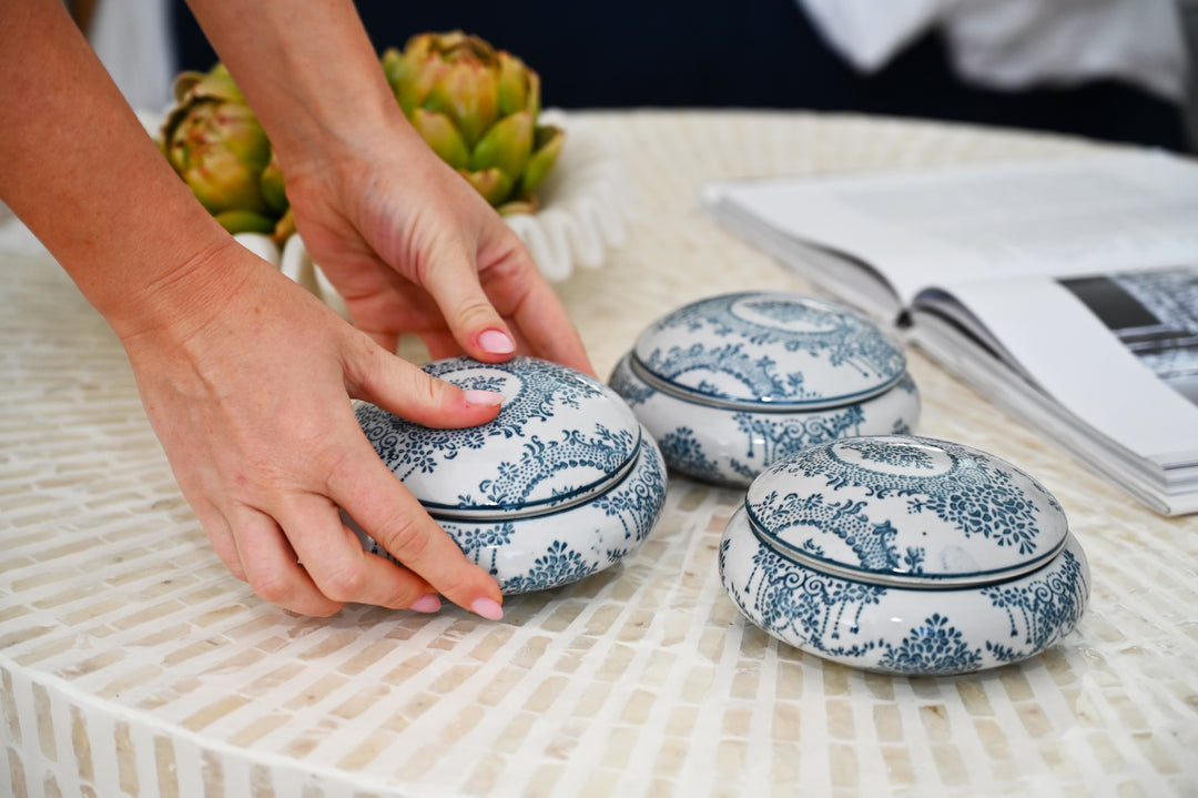 Delicate Scroll Round Ceramic Trinket Box