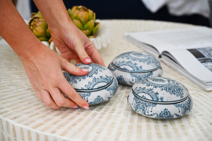 Delicate Scroll Round Ceramic Trinket Box