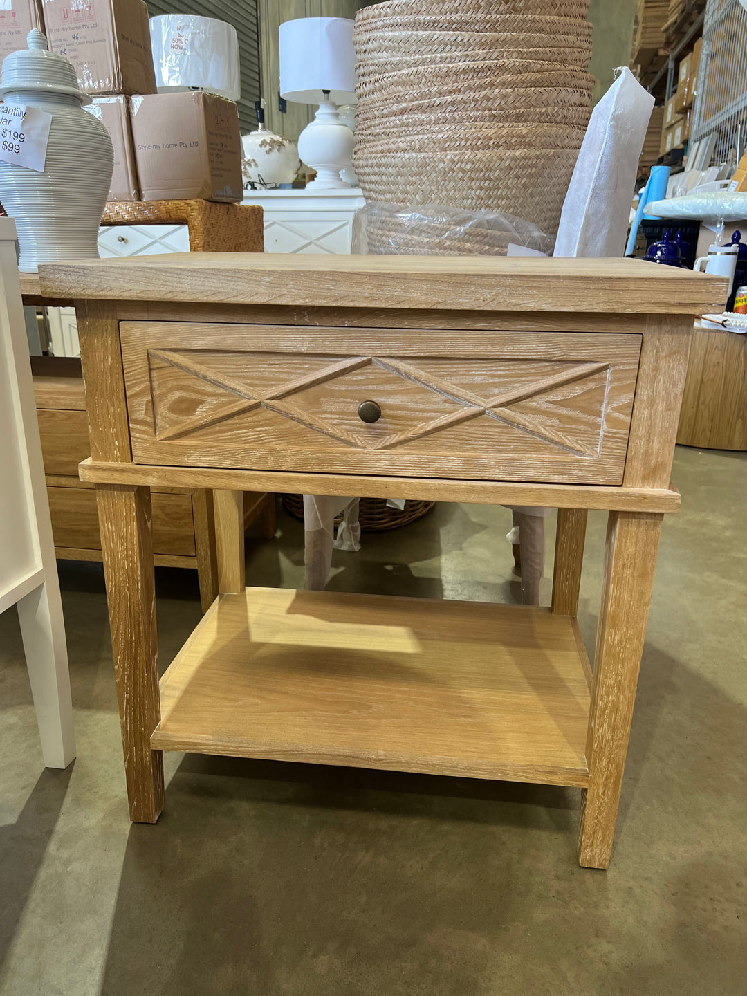 Ex floor Ascot Medium Bedside Table Whitewash- One Drawer (2 available)