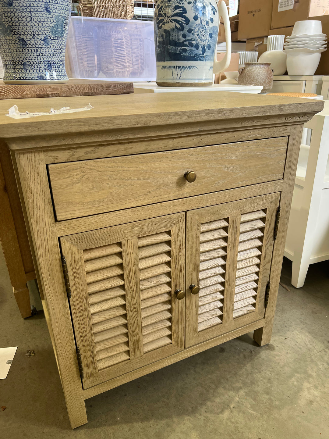 Ex Floor Plantation Medium Louvre Bedside Table - Weathered Oak- 2 available