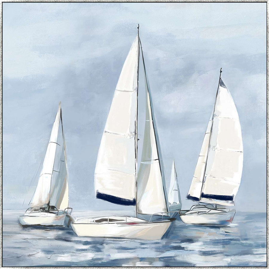 Blue and white Hamptons artwork featuring sailboats