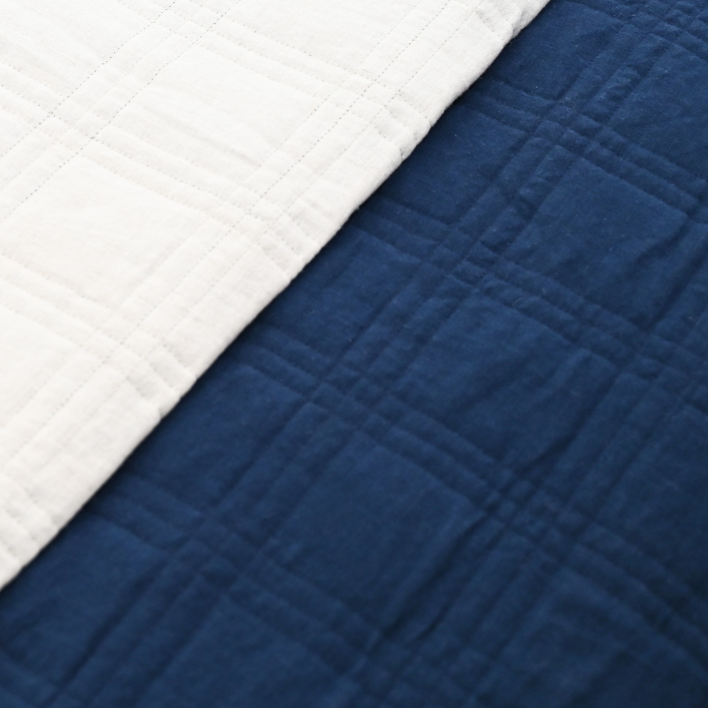 'Alana' Hand Quilted Linen Reversible Bed Cover- Navy and Oatmeal