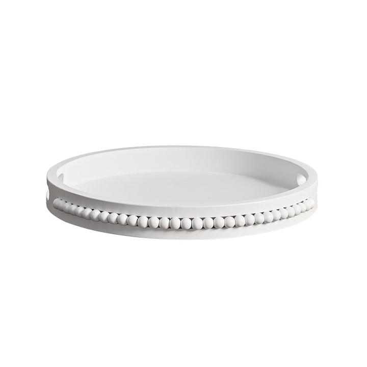 Beaded Round White Wooden Tray