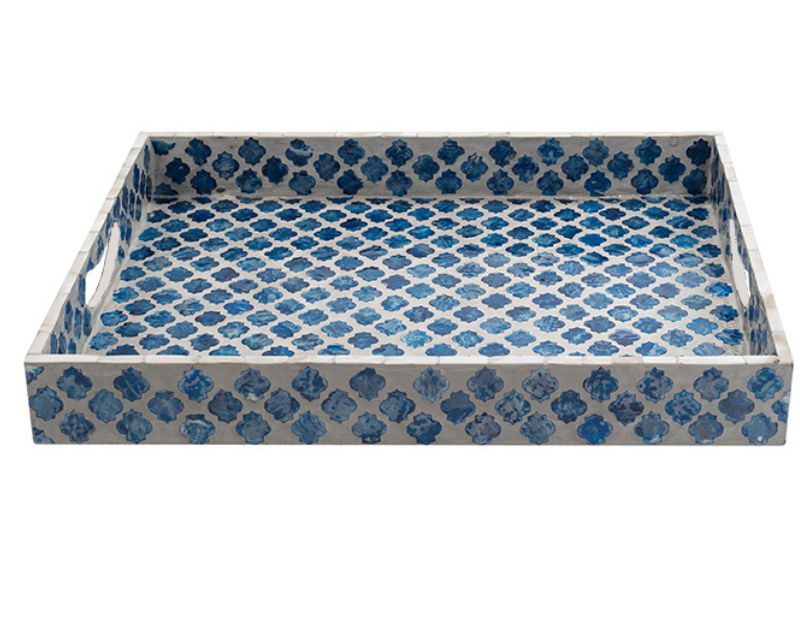 Quatrefoil Rectangular Mother Of Pearl Tray- Blue