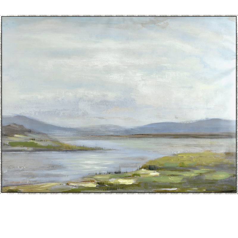 Handpainted Hamptons style canvas tranquil  river scene in soft green tones