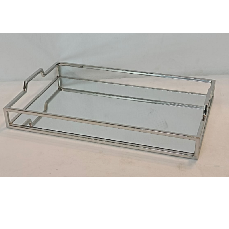 Modern Rectangular Silver Mirrored Tray With Handles