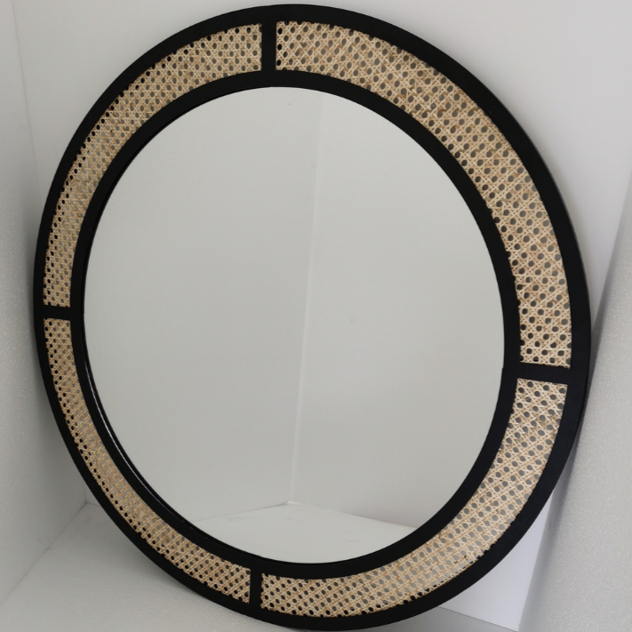 Ballina Black Iron And Rattan Round Mirror