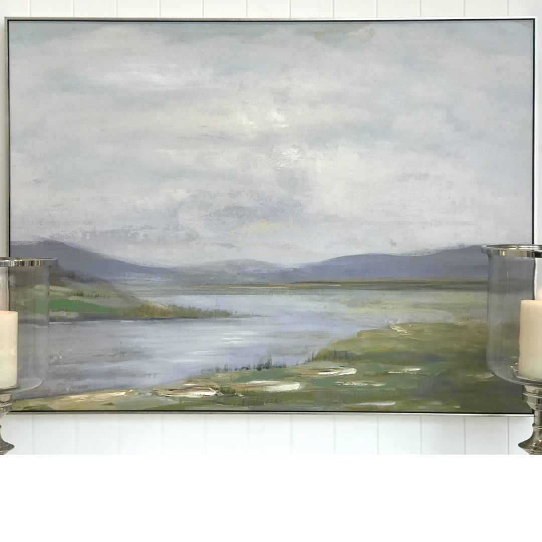 Handpainted Hamptons style canvas tranquil  river scene in soft green tones