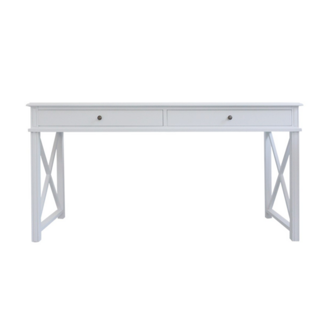 White Hamptons style desk with 2 drawers and brass fixtures