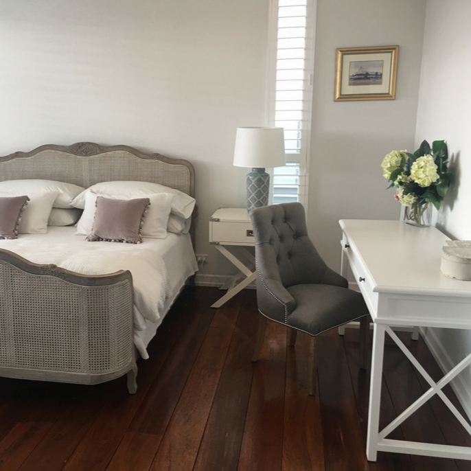 White Hamptons style desk with 2 drawers and brass fixtures. Style My Home Australia