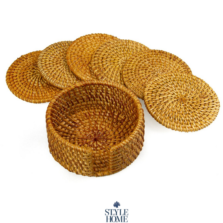 Verandah Natural Rattan Coaster - Set Of 6 With Holder