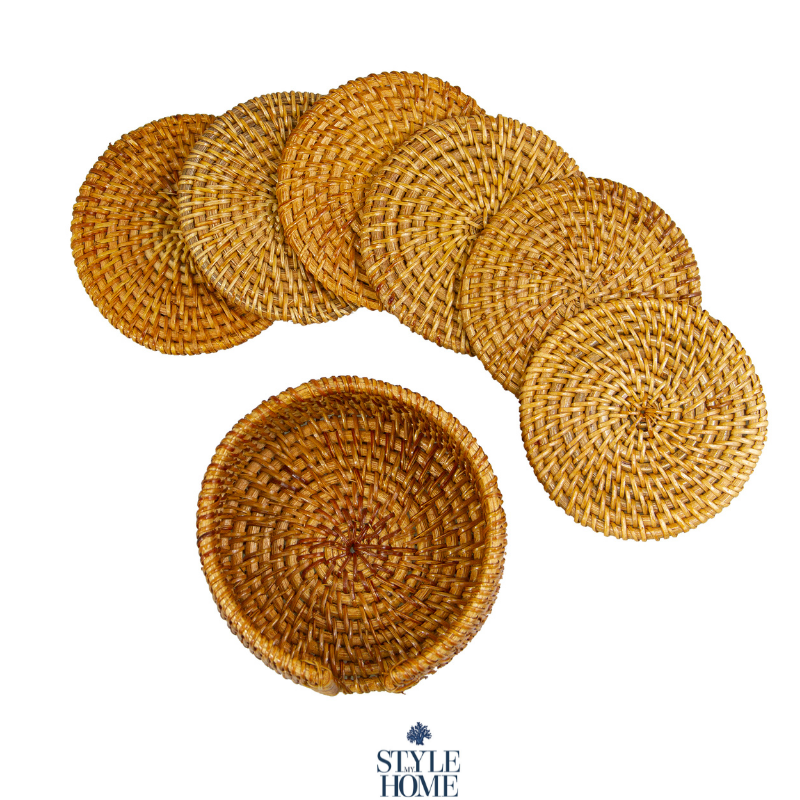 Verandah Natural Rattan Coaster - Set Of 6 With Holder