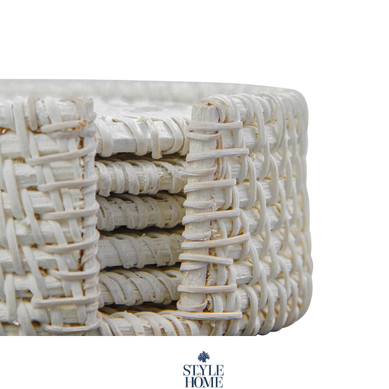 Verandah White Rattan Coaster - Set Of 6 With Holder