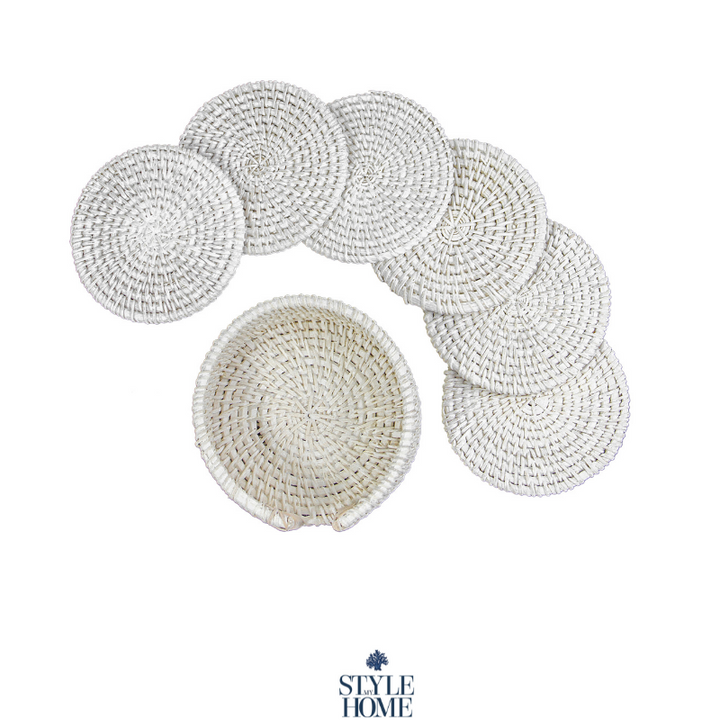 Verandah White Rattan Coaster - Set Of 6 With Holder