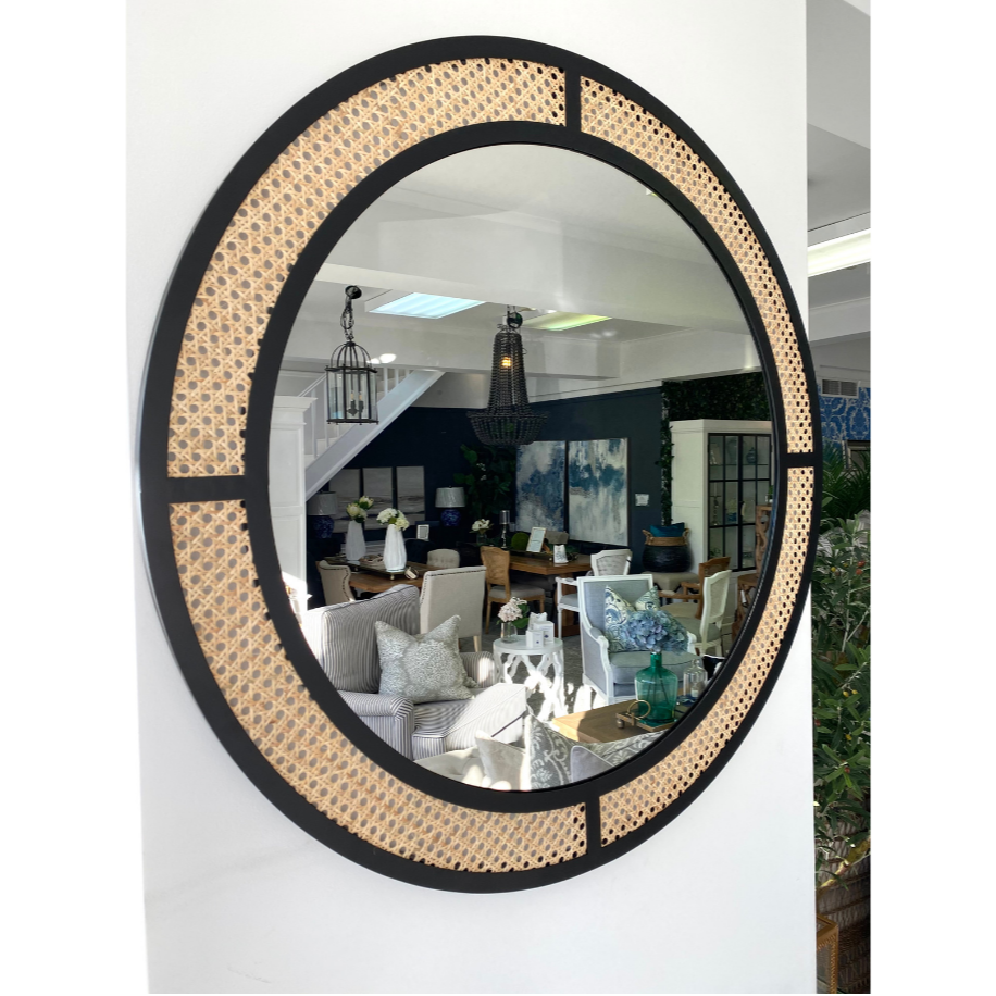 Ballina Black Iron And Rattan Round Mirror