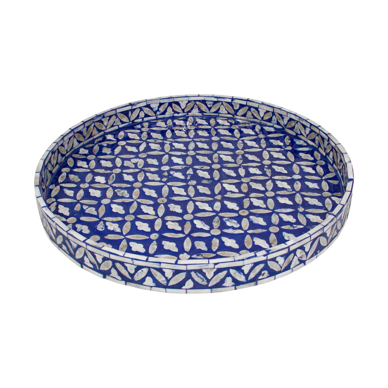 Floral Round Mother Of Pearl Tray- Blue