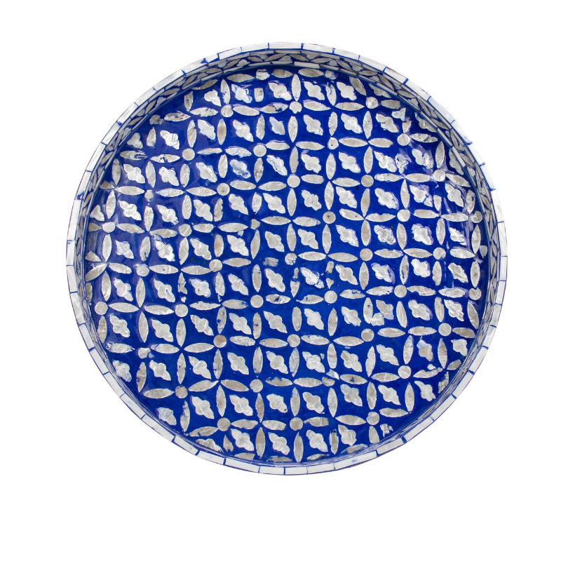 Floral Round Mother Of Pearl Tray- Blue