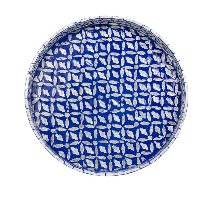 Floral Round Mother Of Pearl Tray- Blue