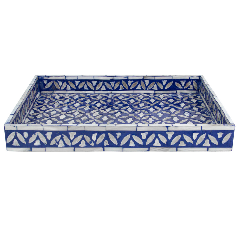 Floral Rectangular Mother Of Pearl Tray- Blue