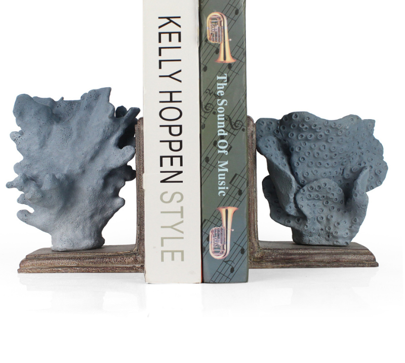 Coral Bookend Set- Blue And Wood