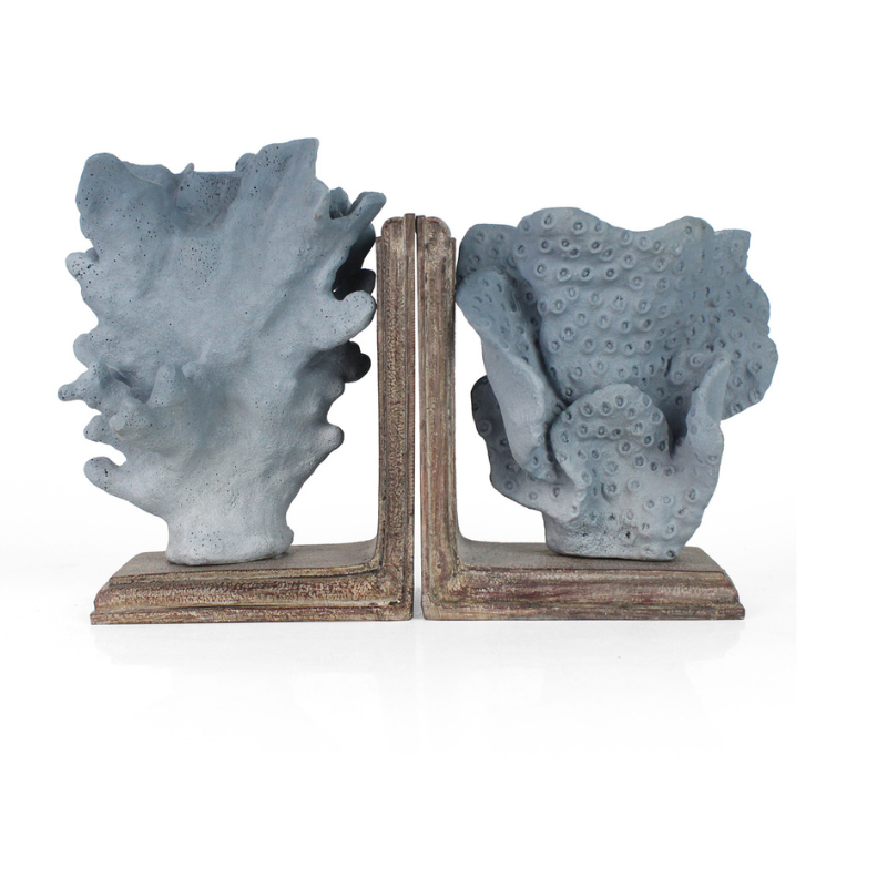 Coral Bookend Set- Blue And Wood