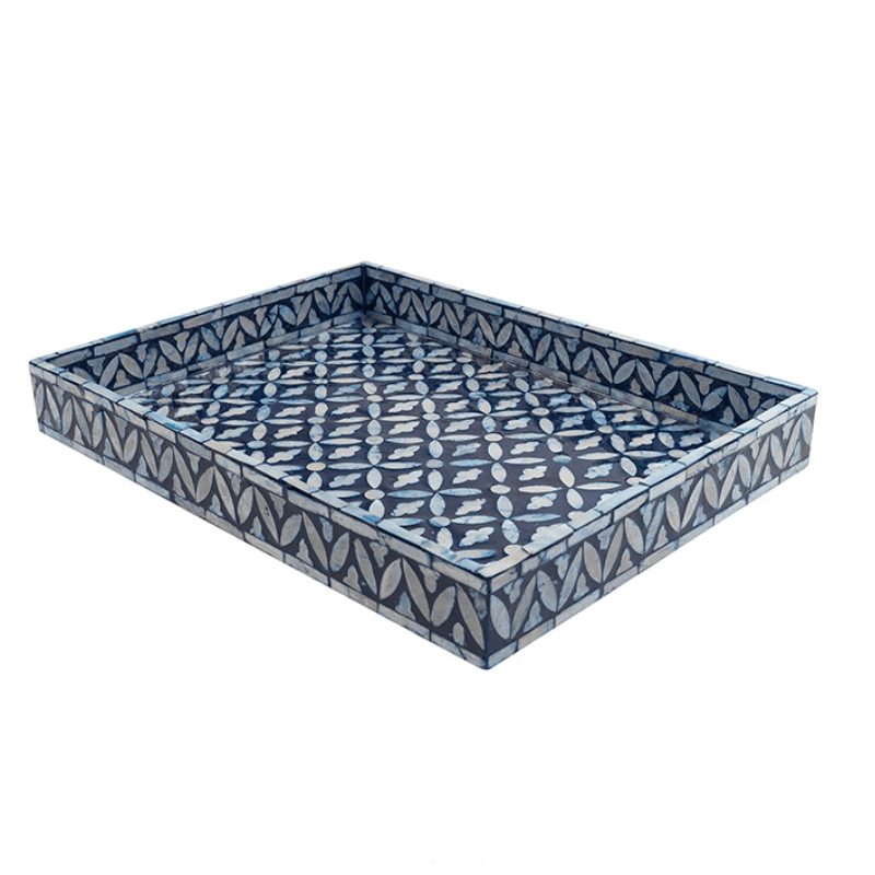 Floral Rectangular Mother Of Pearl Tray- Blue