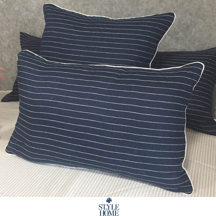 Threads 100percent Linen Square Cushion - Navy Thin White Stripe