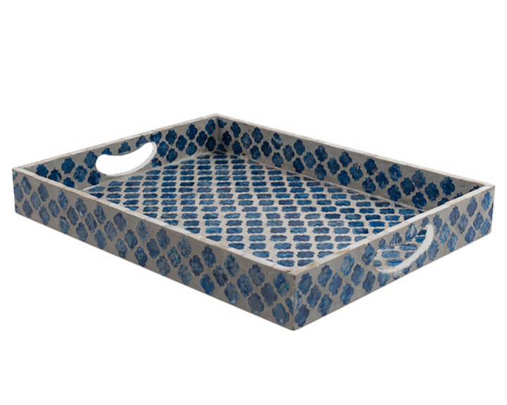 Quatrefoil Rectangular Mother Of Pearl Tray- Blue