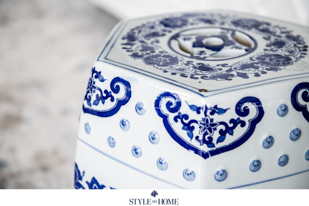 Midnight Blossom Hand-painted Ceramic Stool