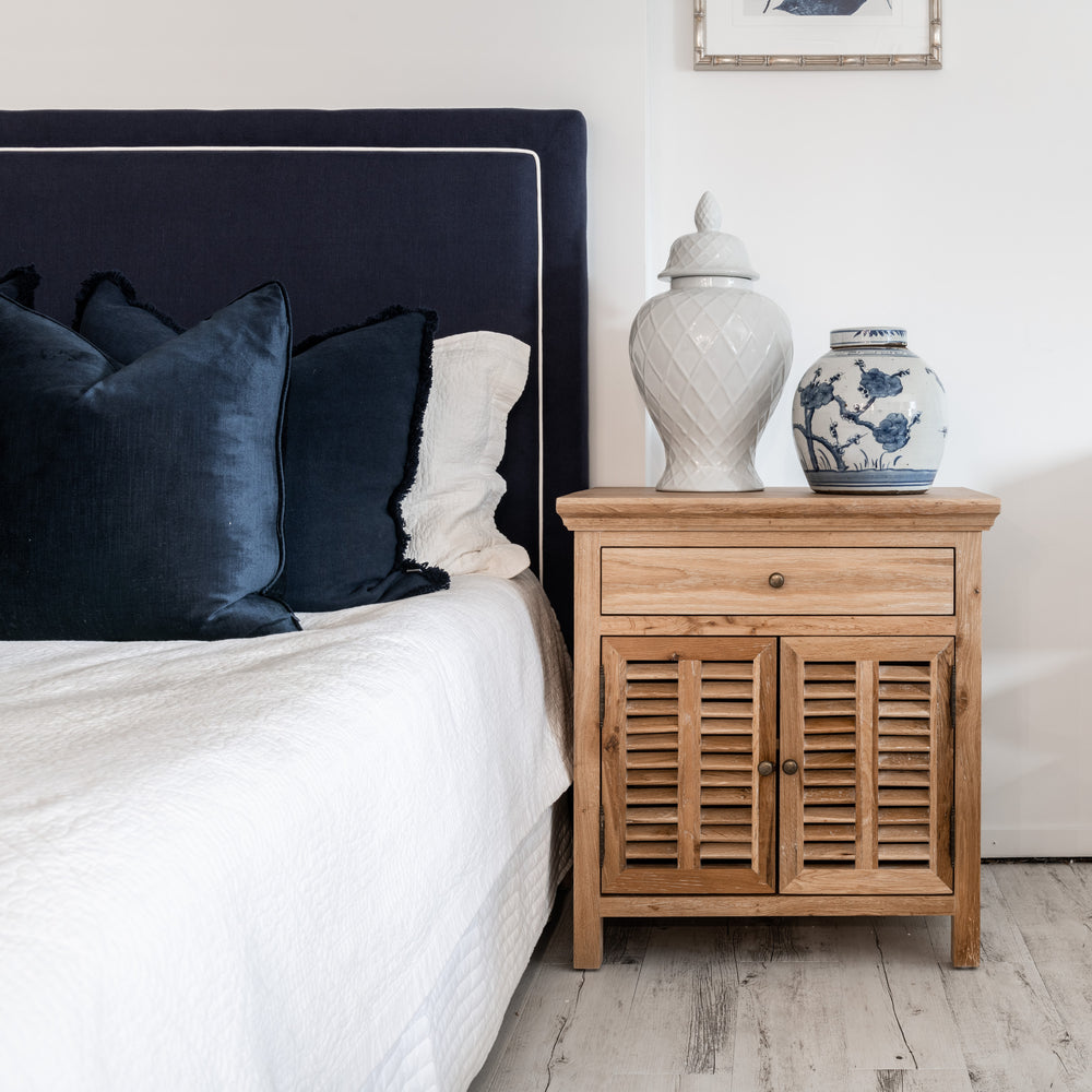 Hamptons square navy blue linen bedhead with white piping