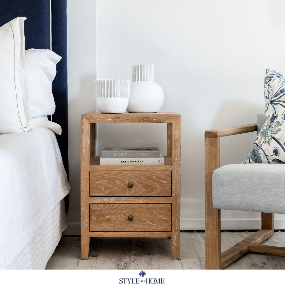 Hamptons small modern oak bedside table with two drawers and open shelf