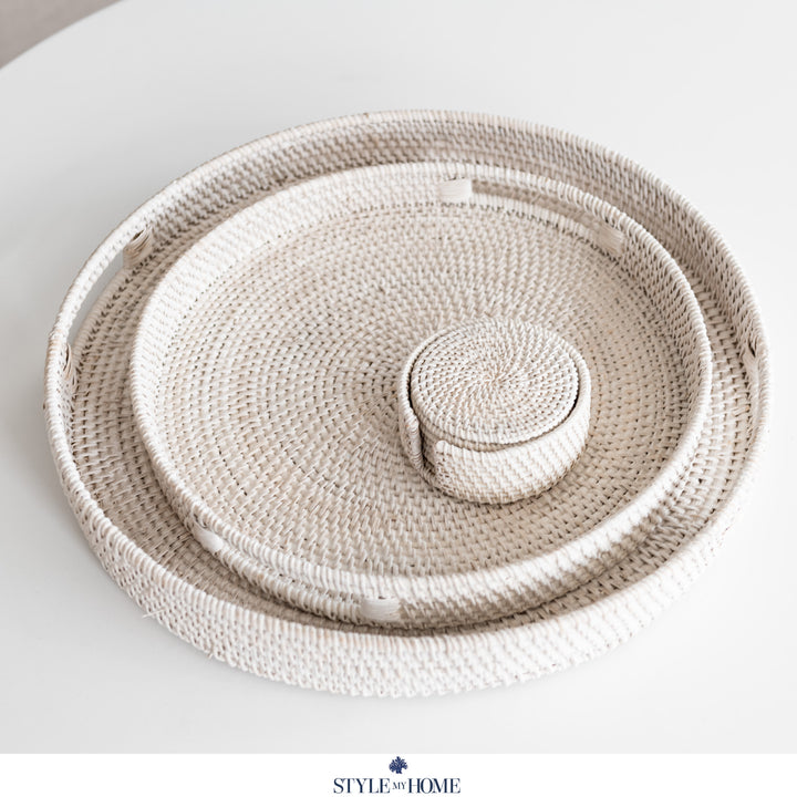 Verandah White Rattan Coaster - Set Of 6 With Holder