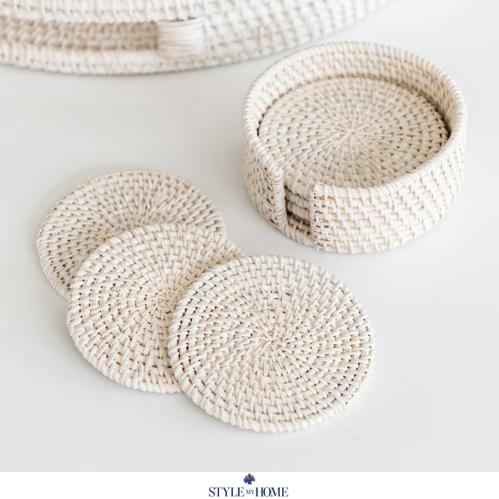 Verandah White Rattan Coaster - Set Of 6 With Holder