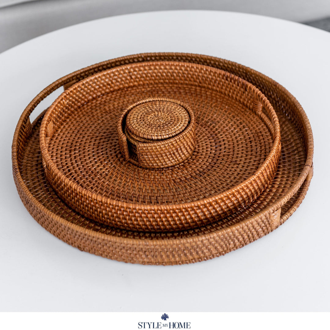 Verandah Natural Rattan Coaster - Set Of 6 With Holder