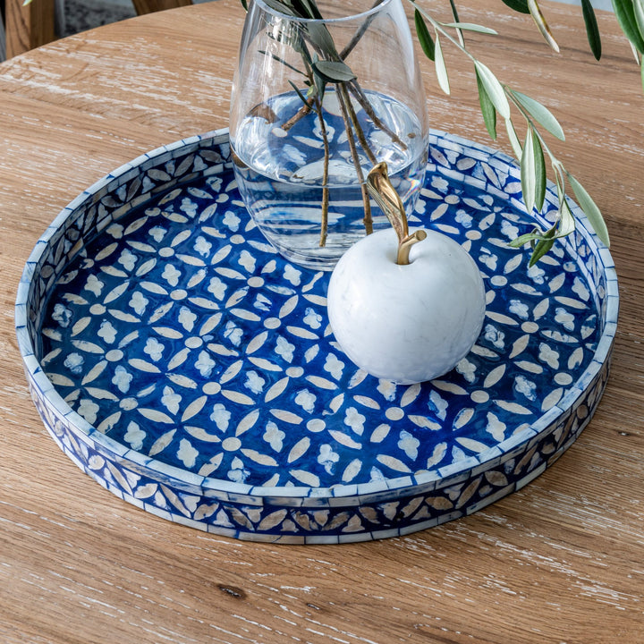 Floral Round Mother Of Pearl Tray- Blue